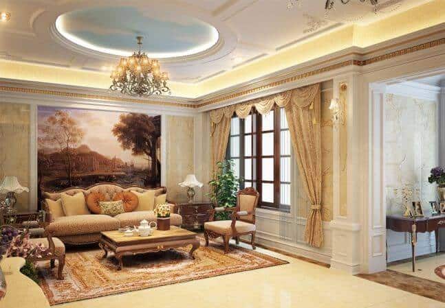 MẪU 5: Trần thạch cao kết hợp sơn trang trí thực sự rất tinh tế và mang hơi hướng quý tộc, phù hợp với những gia đình có phòng khách nhỏ nhưng chiều cao lớn