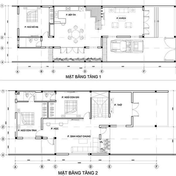 Bản vẽ nhà ống 2 tầng mái thái 95m2.