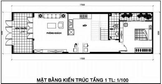 Bố trí mặt bằng tầng 1 trong thiết kế nhà phố 2 tầng 1 tum