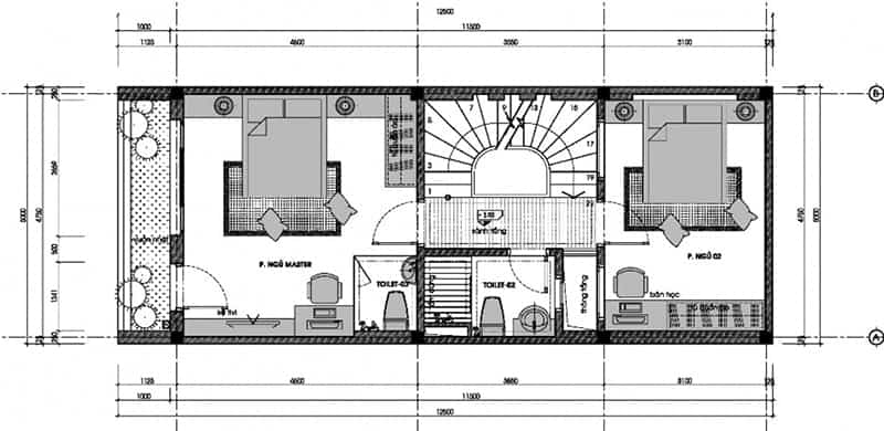 Bản vẽ lầu 1 mẫu nhà đẹp 3 tầng 5x12m