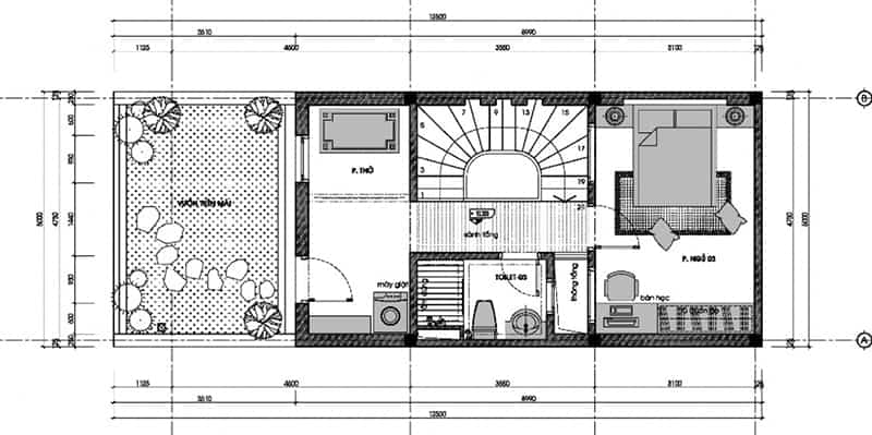 Bản vẽ lầu 2 mẫu nhà đẹp 3 tầng 5x12m