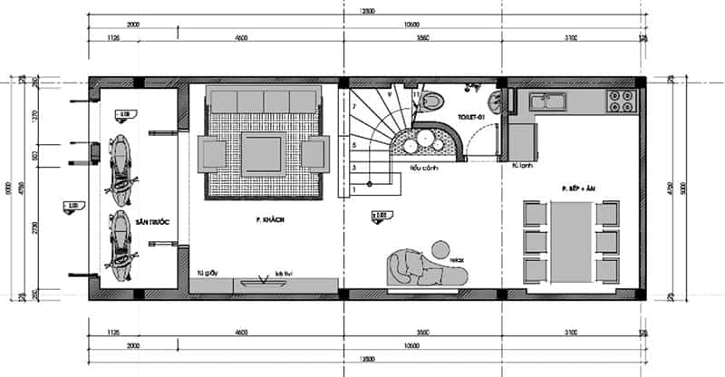 Bản vẽ trệt mẫu nhà đẹp 3 tầng 5x12m